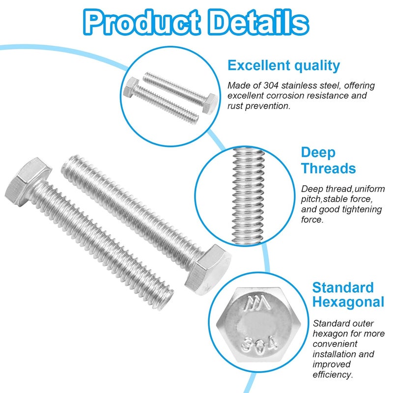 Yinpecly 5 Pcs M8 Hex Bolts M8-1.25 x 80mm Hex Head Screw Bolt 304 Stainless Steel M8-1.25mm Hexagon Bolts Hex Head Screws, Metric Machine Fully Thread, Bright Finish - Image 3